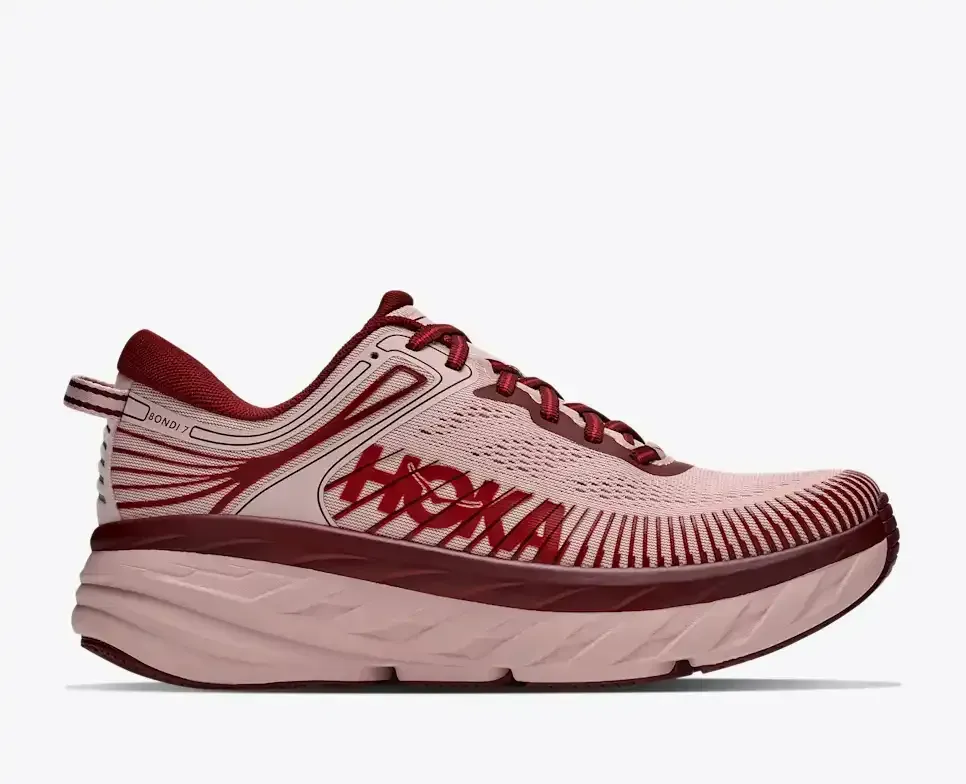 HOKA Bondi 7 Pink Opal Varsity Burgundy (Women’s) - Women's Running Shoes - front view
