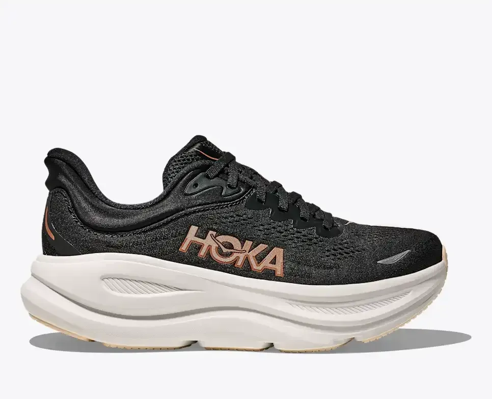 HOKA Bondi 9 Black Rose Gold (Women’s) - Road Running Shoes - front view