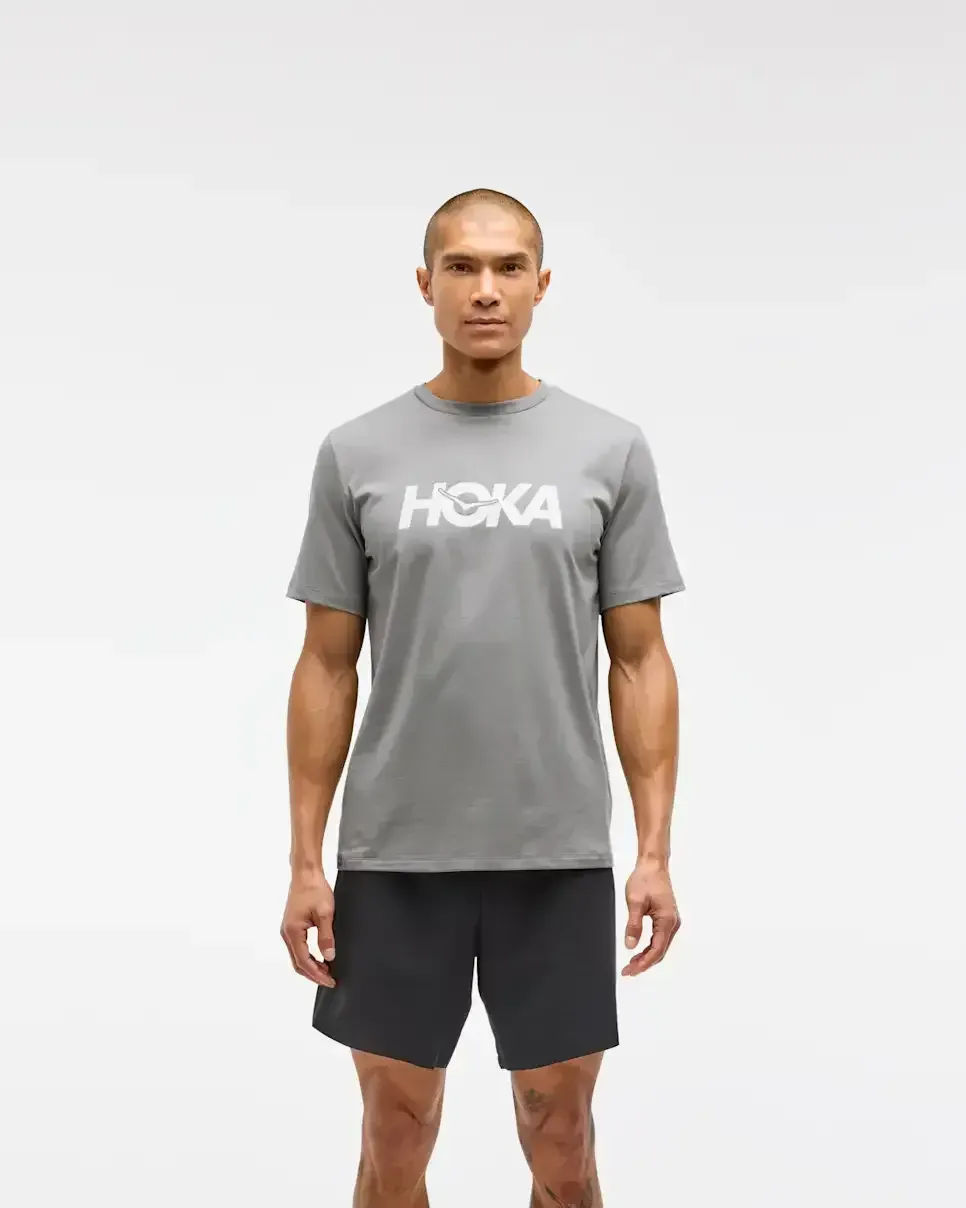 HOKA Core Logo Graphic Tee Galactic Grey - Men's Running Clothing & Gear - front view