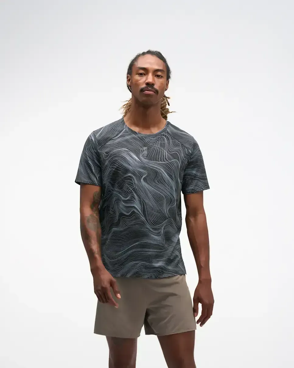 HOKA EveryRun Short Sleeve Black White Prt - Men's New Arrivals - front view