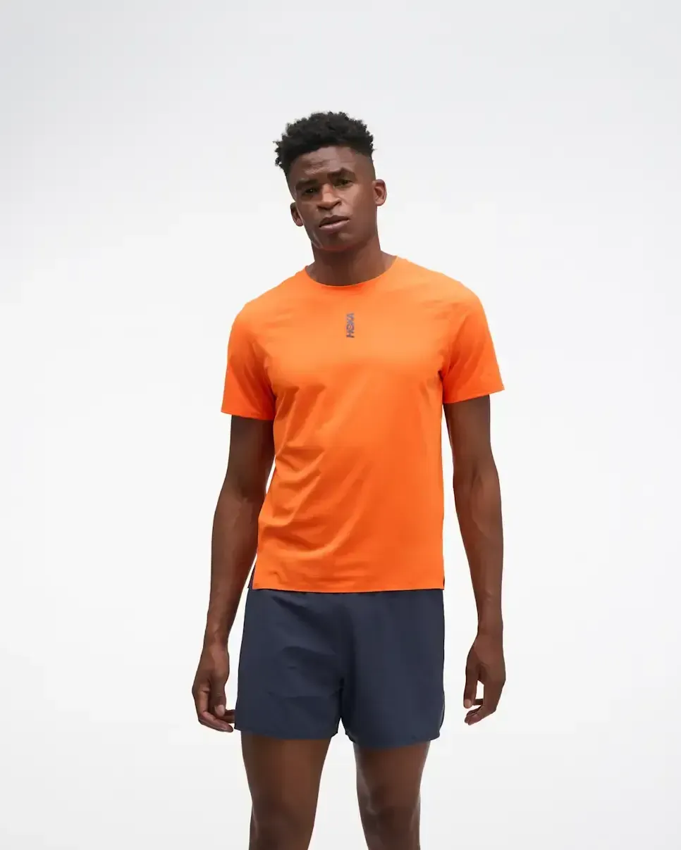 HOKA EveryRun Short Sleeve Electric Tangerine - Men's Running Clothing & Gear - front view