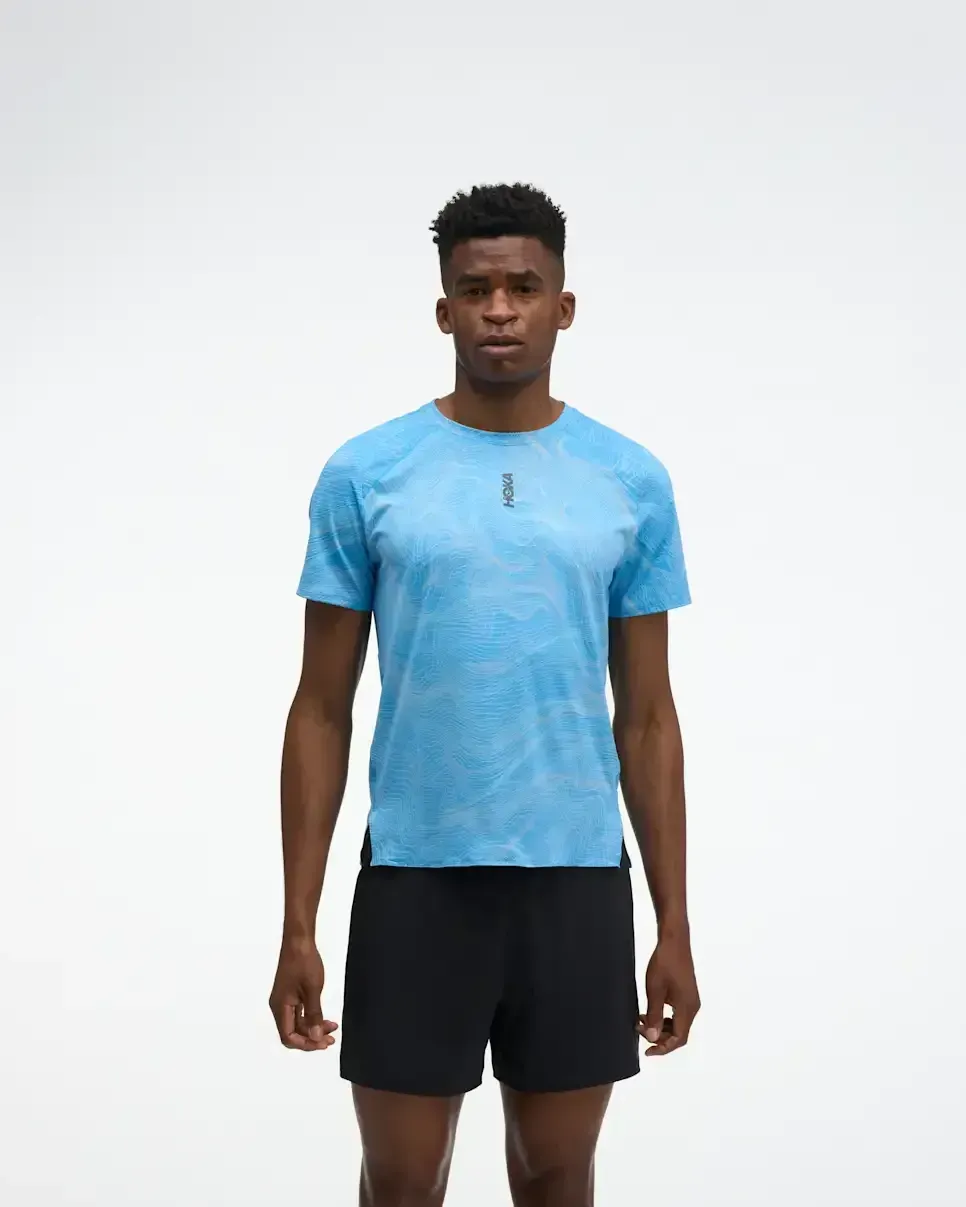 HOKA EveryRun Short Sleeve Mineral Blue Prt - Men's New Arrivals - front view