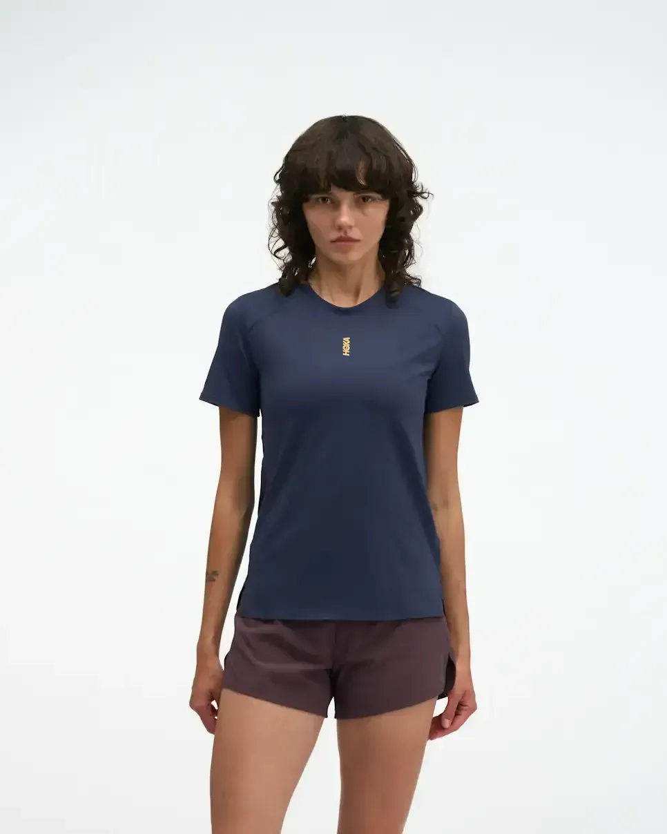 HOKA EveryRun Short Sleeve Varsity Navy Gold (Women’s) - New Releases - front view