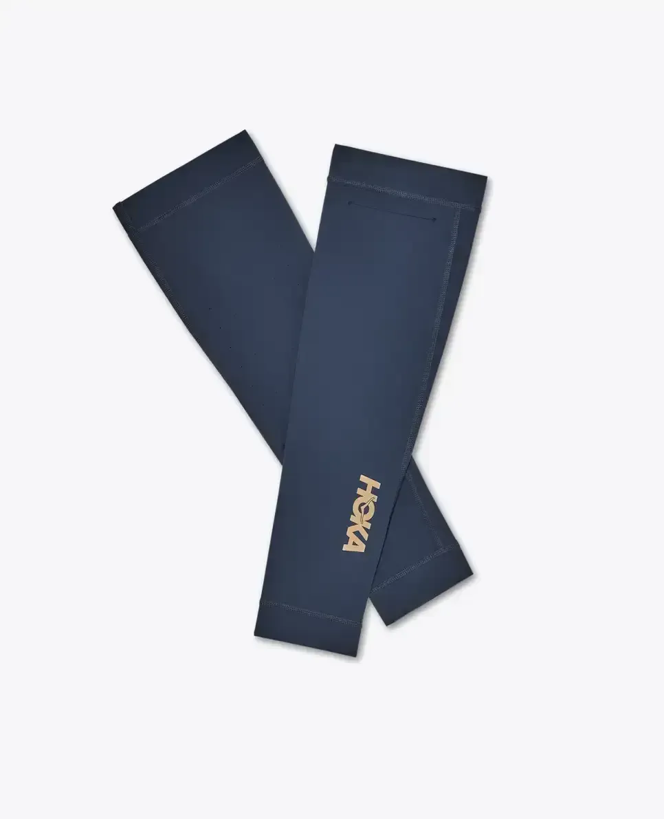 HOKA Race Day Arm Sleeve Varsity Navy Gold - Men's Athletes Kit - front view